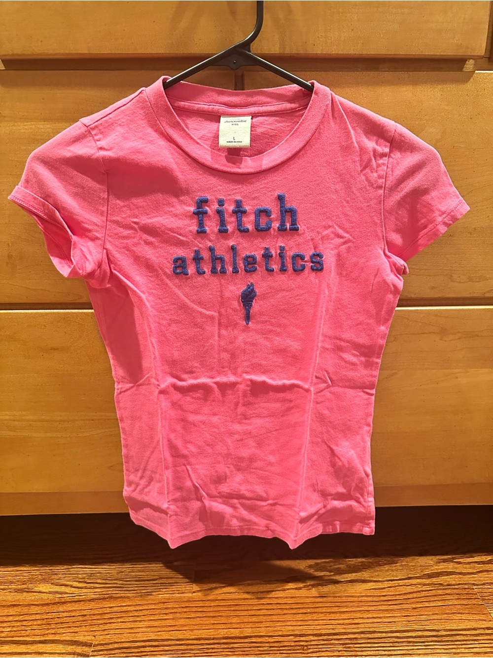 abercrombie kids pink tee with blue 'fitch athletics' embroidery